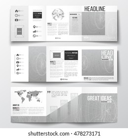 Vector set of tri-fold brochures, square design templates. Molecular construction with connected lines and dots, scientific pattern on gray background.