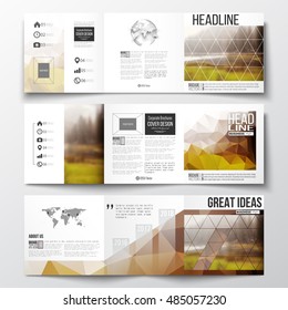Vector set of tri-fold brochures, square design templates. Colorful polygonal backdrop, blurred natural background, modern stylish triangle texture
