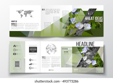 Vector set of tri-fold brochures, square design templates. Polygonal floral background, blurred image, blue flowers in green grass closeup, modern triangular texture