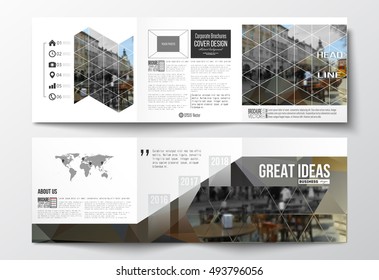 Vector set of tri-fold brochures, square design templates. Polygonal background, blurred image, urban landscape, cityscape, modern triangular texture