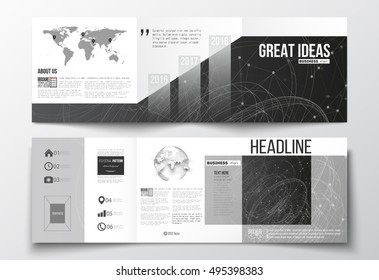 Vector set of tri-fold brochures, square design templates. Molecular construction with connected lines and dots, scientific pattern on black background.