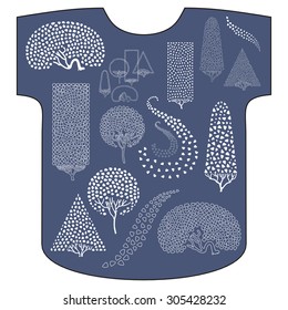 Vector set of trimmed trees and bushes of different shapes,  hand drawn in art deco mosaic  style.