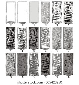 Vector set of trimmed trees and bushes of different shapes,  hand drawn in art deco mosaic  style.