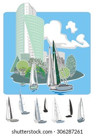 Vector set of trimmed trees and bushes of different shapes with boat, ship and yacht on the background buildings,  hand drawn in art deco mosaic  style.
