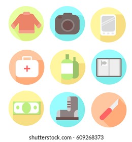Vector set of trip icons. Things necessary for adventures. First aid kit, money, passport, knife, repellent, mobile phone, camera, warm clothes.