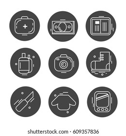 Vector set of trip line icons. Things you take on adventure. First aid kit, warm clothes, phone, camera, passport, hiking shoes, repellent, knife. Black background.