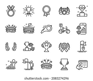 Vector set of Trophy, Leadership and Whistle line icons set. Winner, Victory and Sports arena icons. Arena stadium, Fitness app and Winner ribbon signs. Honor, Flag and Bicycle parking. Vector