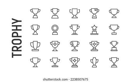 Vector set of trophy thin line icons. Design of 20 stroke pictograms. Signs of trophy isolated on a white background.