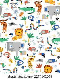 Vector set with tropical animals. Creative nursery background. Perfect for kids design, fabric, wrapping, wallpaper, textile, apparel