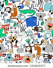 Vector set with tropical animals. Creative nursery background. Perfect for kids design, fabric, wrapping, wallpaper, textile, apparel