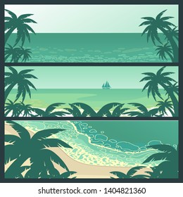 vector set of tropical beach landscapes with palm trees and ocean , seascape illustration