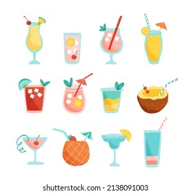 Vector set of tropical cocktails. Collection of hand drawn drinks for summertime in trendy retro style. Isolated design elements on white background.