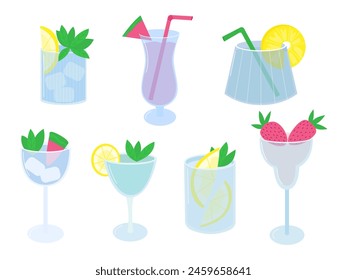 Vektorgrafik-Set von tropischen Cocktails im flachen Stil. Sommer alkoholische Strandparty Getränke Vektorgrafik Set. Mojito, Erdbeere, Margarita, Daiquiri und Pina colada