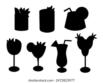 Vector set of tropical cocktails silhouettes. Summer alcoholic beach party drinks vector set. Mojito, strawberry margarita, daiquiri and  pina colada