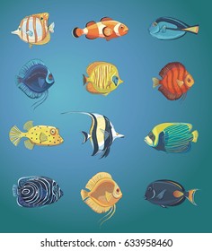 Vector set of tropical fish of coral reefs. Isolated figures on a blue background. 