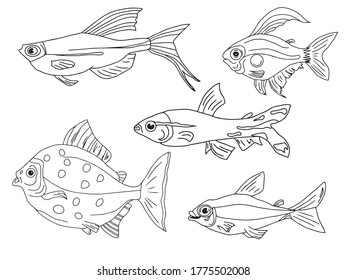 
Vector set of tropical fish doodles: neon fish, red-eared, aquarium