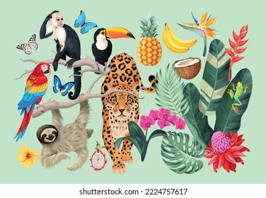 Vector set of tropical flora and fauna.