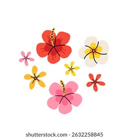 Vector set of tropical flowers. Hibiscus, Plumeria. Isolated color elements on white background. Editable template for print, cards, posters and designs. Hand drawn in flat