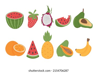 Vektorset aus tropischen Früchten. Flachdoodle Clipart. Alle Objekte werden neu gestrichen.