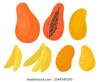 Vektorset aus tropischen Früchten einzeln auf Hintergrund. Sammlung von flachen saftigen Mango, Papaya, Bananen. Design-Element für Menüs, Rezepte und Aufkleber