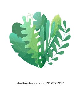 Vector set of tropical green leaves isolated on white background. Flat illustration with modern stipple texture, lights and shadows.