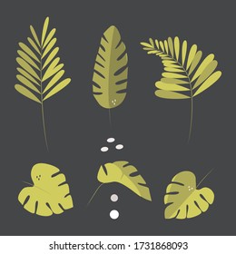 Vector set of tropical green leaves on a dark background.