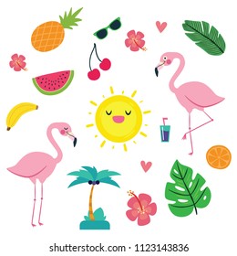Vector set of tropical illustrations. Palm leaves, flamingos, sunglasses, watermelon, hearts, peanapple, flowers, palm, orange,cocktail. Cartoon style. Flat design.