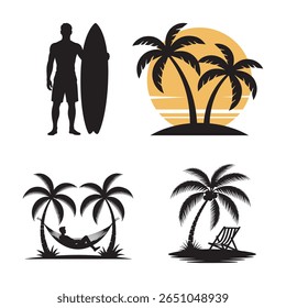 A vector set of tropical island icons featuring palm trees, beaches, and the summer sun, perfect for illustrating ocean paradise and travel vacations