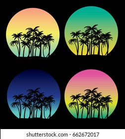 Vector set of tropical islands and palm silhouettes over sky
night, sunrie, twilight