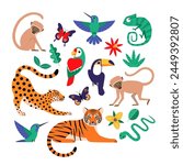 Vector set of tropical jungle animals, birds, butterflies, flowers and leaves isolated on white background.