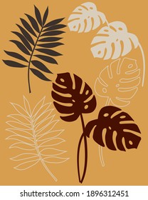 Conjunto de vectores. Hojas tropicales. Resumen de arte versátil. Para tela, papel marrón, bloc de notas, volante, portada, postal, invitación, banner, textil, etc.
