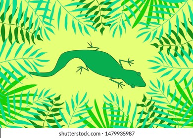 Vector set of tropical leaves. Figure green lizard iguana.