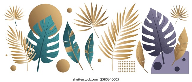 Vector set of tropical leaves isolated on transparent background. Elements for design, banner.