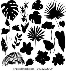Vector set of tropical leaves silhouettes. Palm, banana leaf, hibiscus, plumeria flowers.