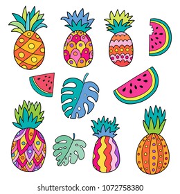 Vector set of tropical objects and fruits - pineapple, watermelon and monstera leaf. Lovely ornamental hand drawn illustration.
