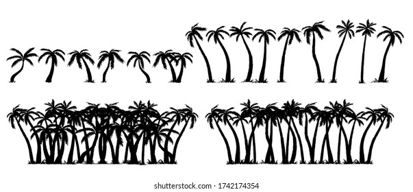 Vector set of tropical palm tree silhouettes, isolated on white background. Vector sketch illustration. Hand drawn tropical plants.