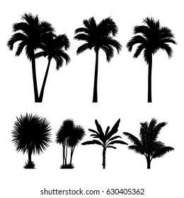 vector set of tropical palm and tree silhouettes. EPS