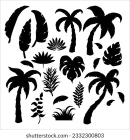 Vector set of tropical plants silhouette by pxlgraph. Perfect for poster, background, logo, pattern, and banner design to celebrate summer season