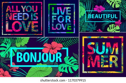 Vector set of tropical quotes, posters and banners. Modern prints in square frames. Holiday cards with palm leaves and fowers. Love, summer, omjour, beautiful