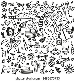 vector set of tropical related items drawn in doodle style, white background