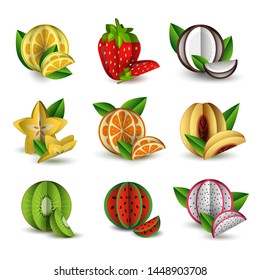 Vector set of tropical summer exotic fruit paper cut volumetric. Origami. Isolated color objects on white background. Pitahaya, citrus, watermelon, strawberry, coconut