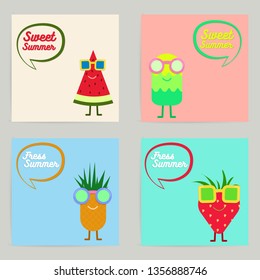 Vector Set of Tropical Summer Fruit Character Card Collection.  Summer sale background for poster, flyer,  brochure, voucher, banner, invitation card, backdrop and various.