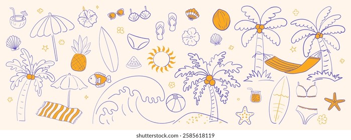 Vector set of tropical summer hand drawn elements for social media and web design Vector set of tropical summer hand drawn elements for social media and web design.