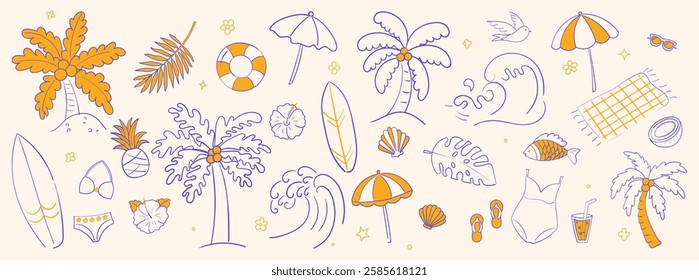 Vector set of tropical summer hand drawn elements for social media and web design Vector set of tropical summer hand drawn elements for social media and web design.