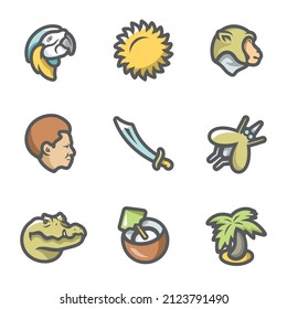 Juego de vectores de iconos tropicales. Animales y personas. Jungla.