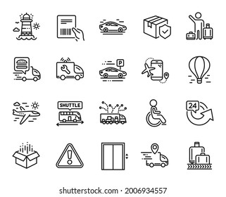 Vector set of Truck delivery, Flights application and Airport transfer line icons set. Airplane travel, Disabled and Car icons. Parcel insurance, Shuttle bus and Parcel invoice signs. Vector