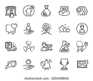 Vector set of Truck parking, Person and Cash line icons set. Loyalty points, Sun protection and Airplane icons. Employees teamwork, Recruitment and Loan percent signs. Truck parking web symbol. Vector