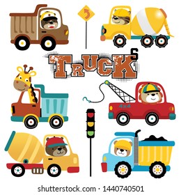 Vector set of trucks cartoon with funny animals drivers