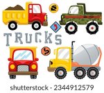 Vector set of trucks cartoon illustration with road sign