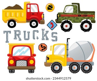 Vector set of trucks cartoon illustration with road sign